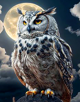 Серьезный филин на фоне полной луны
