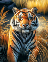 Большой тигр среди сухой травы