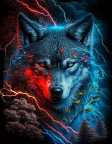 Большой серый волк среди молний