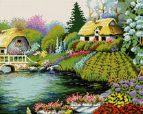 Летний пейзаж с домом у воды