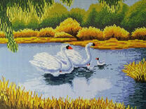 Семейство лебедей на осеннем озере