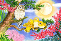 Сова обучает совят на дереве