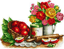 Букет цветов и красные яблоки