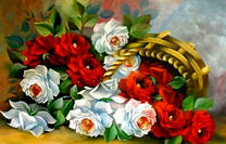 Красные и белые розы в корзине