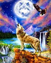 Волк и орел на фоне водопадов и луны