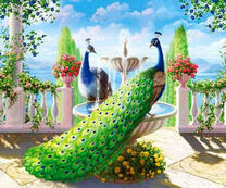 Большие павлины у фонтана