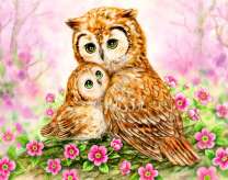 Сова и ее малыш среди цветов