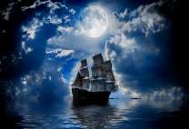 Парусник в ночном море под полной луной