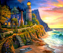 Маяк на закате на берегу моря