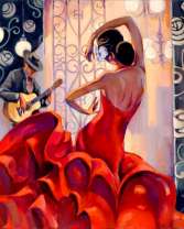 Девушка в красном платье танцует под гитару