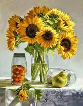 Букет с ярких подсолнухов, абрикосы и груша