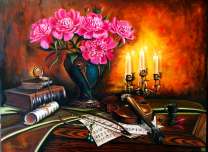 Букет пионов и скрипка