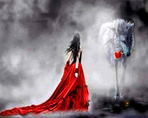 Девушка в красном платье и волк с розой