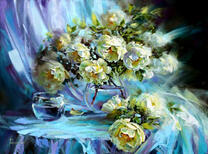 Белые розы и стакан воды на столе