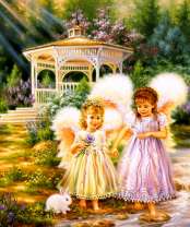 Пара милых ангелов и кролик у беседки