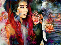 Девушка, слон и цветы