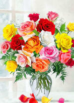 Букет разноцветных роз в прозрачной вазе