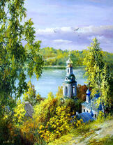 Церковь в березах на берегу озера