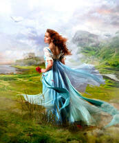 Девушка в летнем платье на лугу