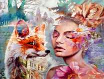 Рыжая лиса, девушка и ромашки