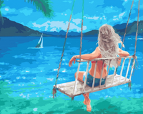 Девушка отдыхает на качели у залива