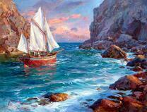 Парусник у прибрежных скал