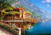 Прибрежный город и парусник