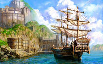 Деревянный корабль у стен замка