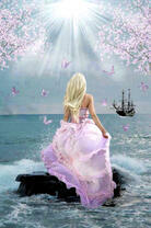 Девушка в розовом платье на морской скале