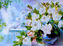 Белые голуби у цветущих роз