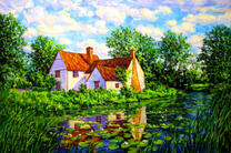 Дом на берегу реки с кувшинками