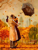 Страстный поцелуй в осеннем парке