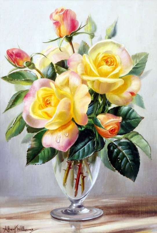 Картина по номерам 40x50 Букет желтых роз в стеклянной вазе