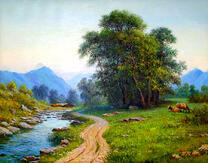 Дорога вдоль речки в горной местности