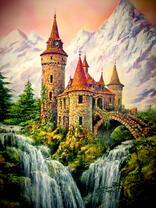 Замок в красочных горах с водопадом