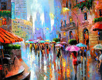 Люди под зонтами на улице города