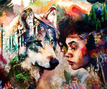 Изображение девушки и волка в окружении леса