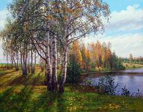 Река омывает березовую рощу