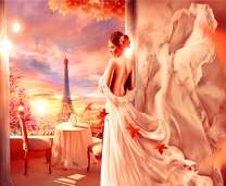 Девушка в белом платье на балконе с видом на Эйфелеву башню