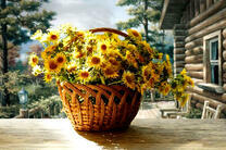 Корзина с желтыми цветами на веранде деревянного дома