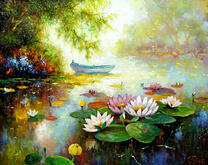 Лодка на реке среди лотосов