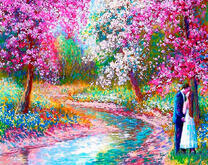 Поцелуй у реки под цветущими деревьями