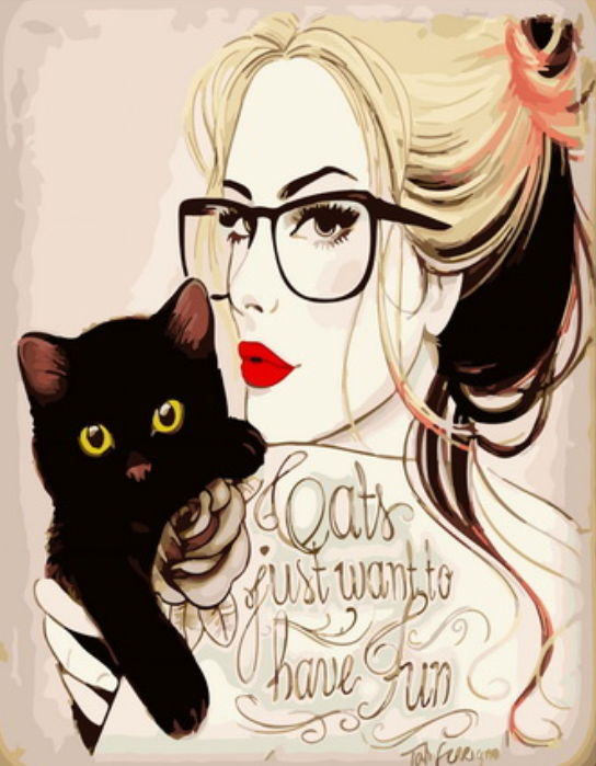 Картина по номерам 40x50 Девушка в очках и черный котёнок