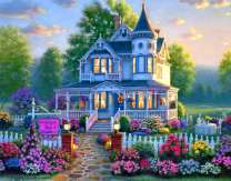 Цветущий сад у домика в лесу