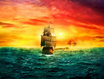 Корабль отходит от необитаемого острова