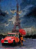 Под зонтом во время ливня в Париже