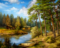 Лодка на летней реке в лесу