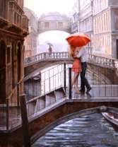 Поцелуй под красным зонтом на мостике Венеции