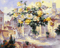 Букет желтых роз с видом на город