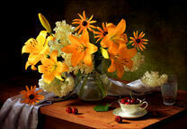 Оранжевые лилии с вишней